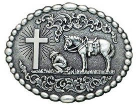 Praying Cowboy with Cross and horse buckle